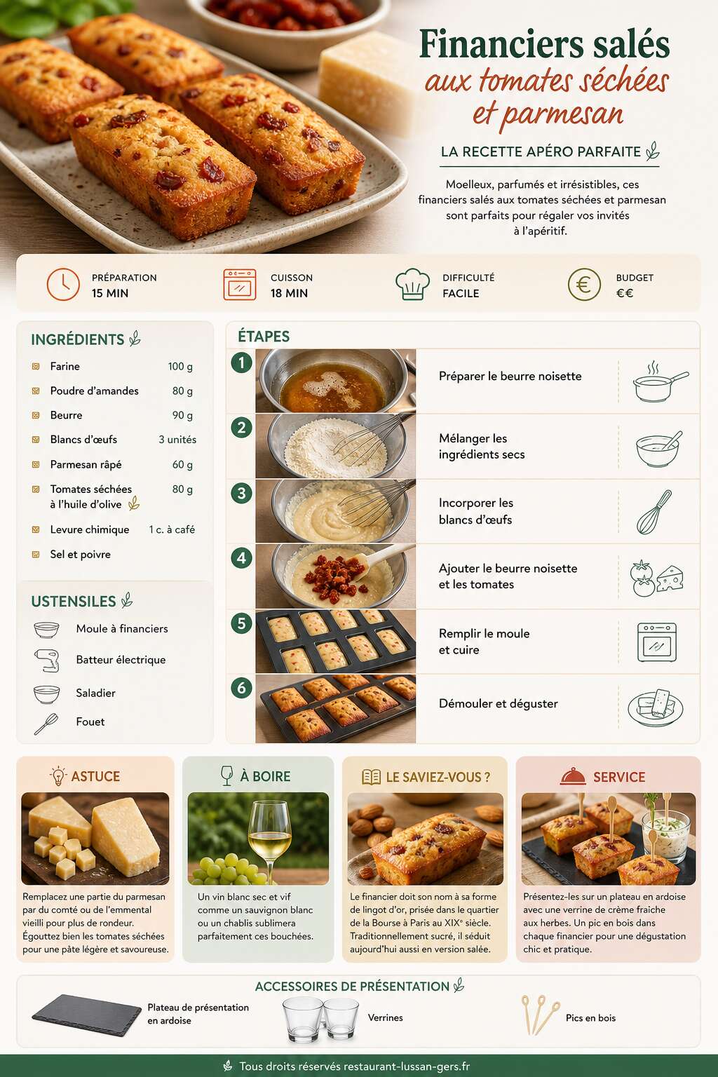 Fiche recette Financiers salés aux tomates séchées et parmesan : la recette apéro parfaite Fiche recette Financiers salés aux tomates séchées et parmesan : la recette apéro parfaite