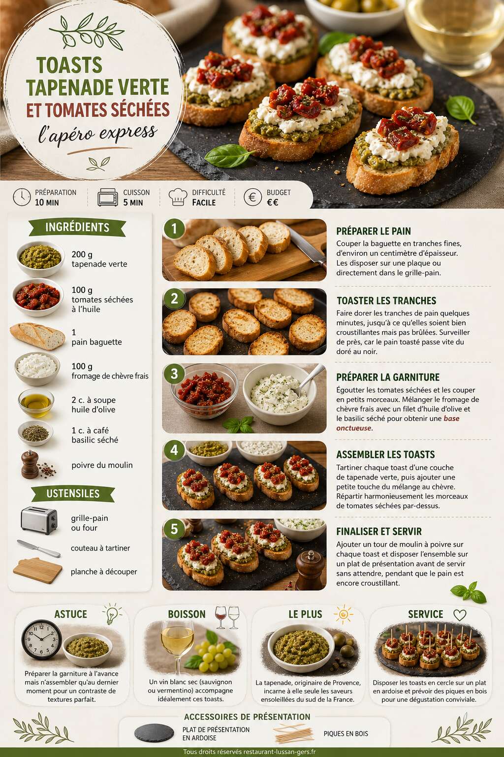 Fiche recette Toasts tapenade verte et tomates séchées : l'apéro express Fiche recette Toasts tapenade verte et tomates séchées : l'apéro express