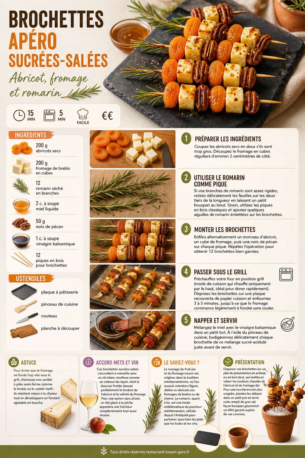 Fiche recette Brochettes apéro sucrées-salées : abricot, fromage et romarin Fiche recette Brochettes apéro sucrées-salées : abricot, fromage et romarin